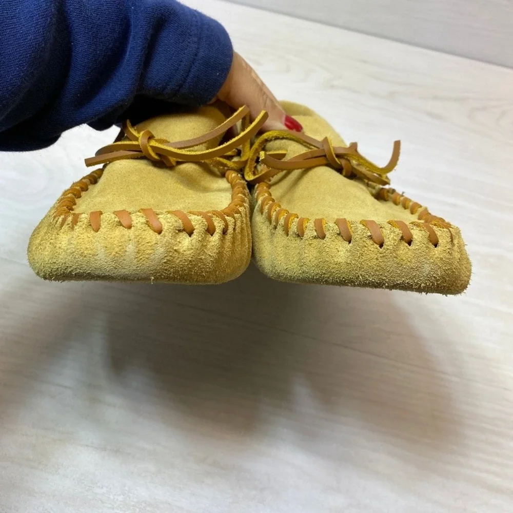 Minnetonka Mens 13 Moccasin Softsole Suede Tan Loafer Whipstitch 701 Flat Shoes